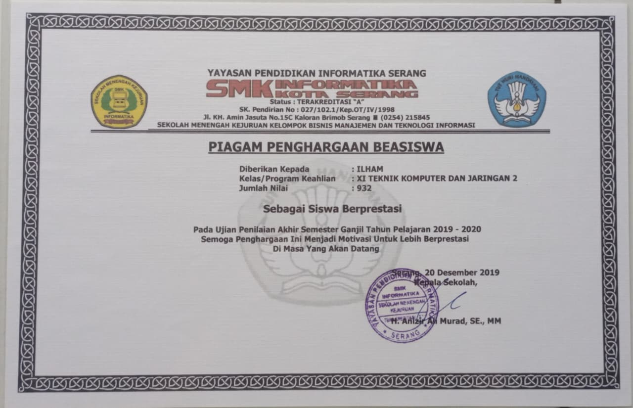 Piagam Penghargaan Beasiswa Siswa Berprestasi (Semester Ganjil 2019/2020) - gambar 1