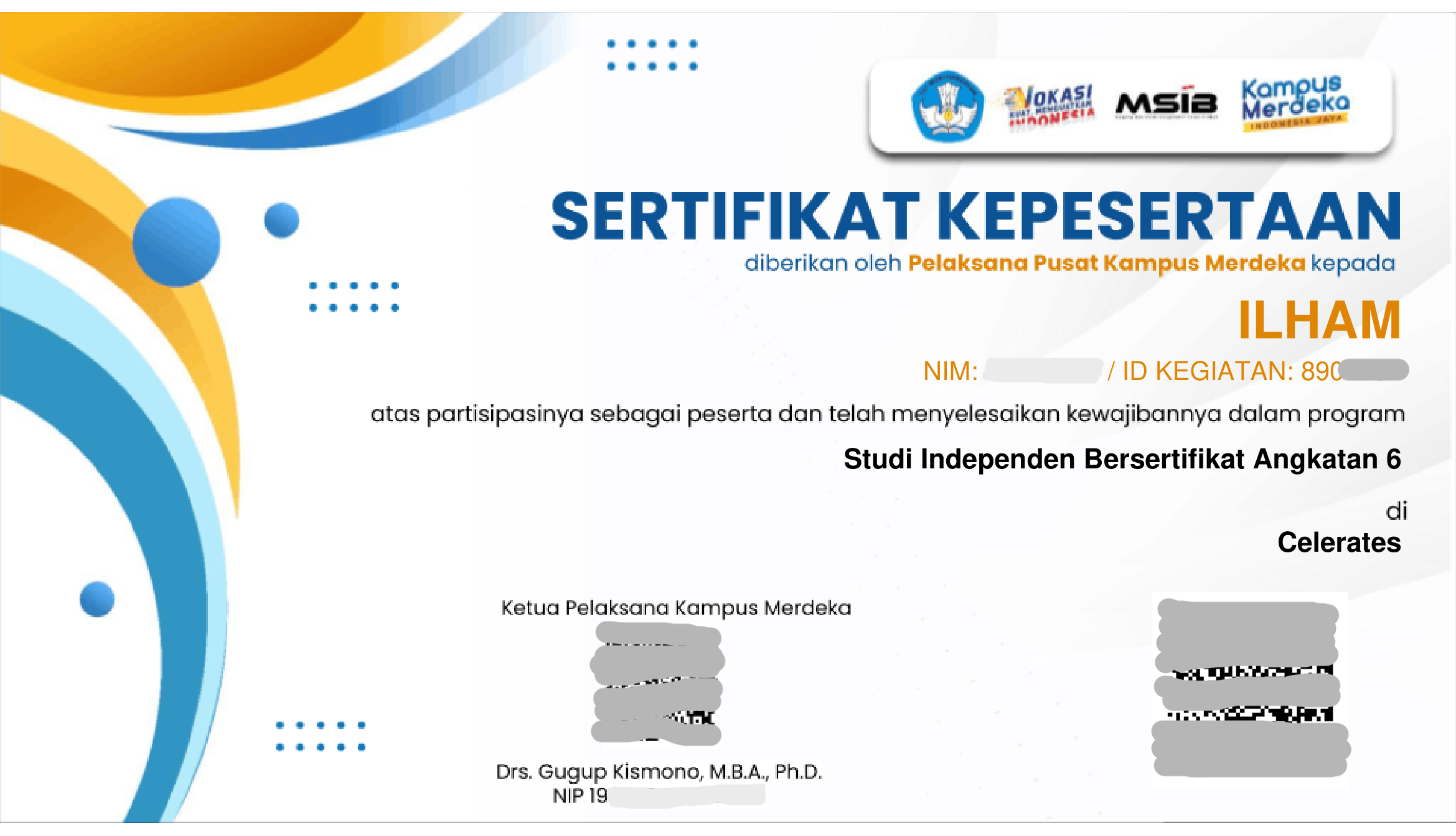 Sertifikat Kepesertaan Studi Independen Bersertifikat (MSIB) Angkatan 6 - gambar 1