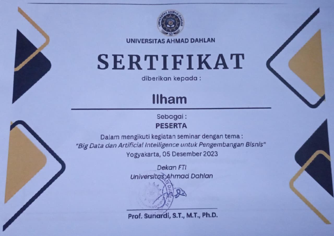 Sertifikat Peserta Seminar Big Data dan Artificial Intelligence untuk Pengembangan Bisnis - gambar 1